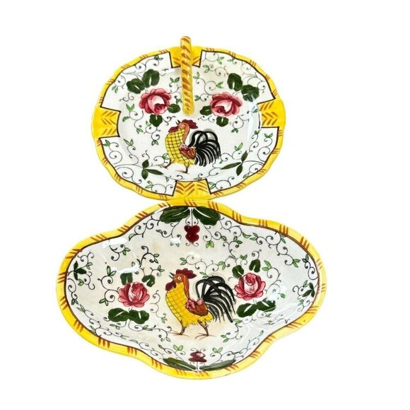 Vintage Ucagco Rooster, Roses Dish Early Provincial Underglaze Decorative Plate - Picture 3 of 14